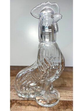 Vtg Clear Glass Rooster Decatur, Vase, Bottle With Removable Head 9" 1973